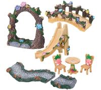 8 Pcs Fairy Garden Accessories - Miniature Garden Kit Landscape Decorations Table and Chairs Set Fairy Garden Furniture Ornaments Bridge Flower Slide Figurine for Terrarium Potted Plants, Dollhouse