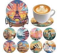 8 Pcs Famous buildings Diamond Art Painting Coasters Kits,Landscape Coaster with Holder for Adults, Non-Slip DIY Dot Paint Craft Kits,5D Full Drill DIY Diamond Dot Gem Art Kit Home Decor Arts Craft