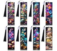 8 Pcs Floral Book Stack Diamond Art Bookmarks Kit, 5D Book Lover DIY Beaded Acrylic Bookmarks with Tassels, Floral Butterfly Diamond Art Craft Set for Adults Beginners Readers Supplies