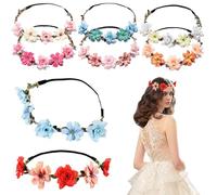 8 Pcs Flower Crown for Women Girls Elastic Boho Flower Headbands with 5 Pcs Flowers Hawaii-Style Wedding Fairy Crown for Bridal, Bridesmaid, Taking Photos, Traveling