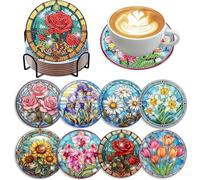 8 Pcs Flowers Diamond Art Coasters Kits for Adults Begainners,Full Drill Diamond Painting Coasters Kit with Holder,DIY Gem Painting Craft Kits for Adults Supplies Gift (Flowers).