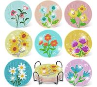 8 Pcs Flowers Diamond Art Coasters Kits with Holder, DIY Flowers Diamond Painting Coasters Mosaic Kits for Adults, Round Non Slip Coaster Crafts for Tabletop Protection and Gifts