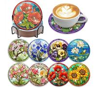 8 Pcs Flowers Diamond Painting Coasters Kits with Holder,DIY Diamond Art Coasters Kits with Wooden Pad for Adults Beginners,Full Round Drill Diamonds Painting Craft Kit for Supplies Gift (Flowers).