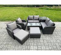 Fimous 8 PCS Garden Furniture set Rattan Outdoor Lounge Sofa Table Chair With Tempered Glass Table Dark Grey Mixed