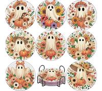 8 Pcs Ghost Diamond Art Painting Coasters Kits,Halloween Coaster with Holder for Adults, Non-Slip DIY Dot Paint Craft Kits,5D Full Drill DIY Diamond Dot Gem Art Kit Home Decor Arts Craft