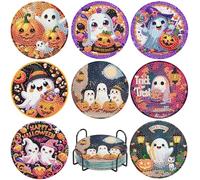 8 Pcs Ghost Diamond Art Painting Coasters Kits,Halloween Coaster with Holder for Adults, Non-Slip DIY Dot Paint Craft Kits,5D Full Drill DIY Diamond Dot Gem Art Kit Home Decor Arts Craft