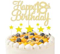 8 Pcs Gold Happy 18th Birthday Cake Topper, 1 Happy Birthday Topper and 7 Star Cupcake Toppers, Glitter 18th Cake Topper for Anniversary Party Supplies