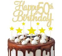 8 Pcs Gold Happy 50th Birthday Cake Topper - 1 Topper, 7 Star Cupcake Toppers, Glitter 50th Cake Topper for Anniversary Party Supplies