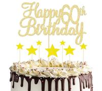 8 Pcs Gold Happy 60th Birthday Cake Topper - 1 Topper, 7 Star Cupcake Toppers, Glitter 60th Cake Topper for Anniversary Party Supplies