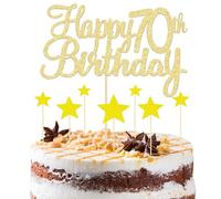 8 Pcs Gold Happy 70th Birthday Cake Topper - 1 Topper & 7 Star Cupcake Toppers, Glitter 70th Cake Topper for Anniversary Party Supplies