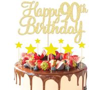 8 Pcs Gold Happy 90th Birthday Cake Topper Set - 1 Main Topper and 7 Star Cupcake Toppers, Glitter Decorations for Anniversary Party Supplies