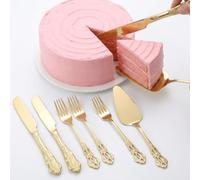 8 Pcs Gold Wedding Cake Knife and Server Set, 410 Stainless Steel Cake Cutting Set with 4 Cake Forks, 2 Knives & 2 Servers, Vintage Embossed Design for Birthday Party Anniversary