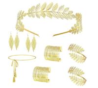 8 Pcs Gr oddess Costume Accessories Set for Women,Golden Laurel Leaf Crown Headband,Upper Arm Cuff Coil Armband Bracelets,Leaf Drop Dangle Earring,Grecian Roman Waist Belt,Toga Costume Jewelry