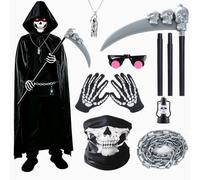 8 PCS Grim Reaper Costume Adults, Black Scary Halloween Costumes for Men & Women with Hooded Cloak, Glowing Eyes, Scythe, Skeleton Mask, Gloves and Chain, Creepy Scream Halloween Ghost Death Costumes