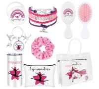 8 Pcs Gymnastics Gifts for Girls Gymnastics Accessories Makeup Bag 15 OZ Cup Inspirational Bracelet Keychain Hair Ties Mini Compact Pocket Mirror for Women Gym Yoga Sports Lovers Team Birthday Gifts