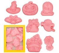 8 Pcs Halloween Cookie Cutters Shapes Cartoon Fun Cookie Mold Halloween Plastic Cookie Stamp Set Pressable Pastry Biscuit Cutter Mold Emboss Bat Ghost Castle Pumpkin Tombstone Spider DIY Baking Decor