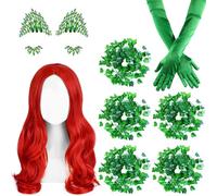 8 Pcs Halloween Women Poison Green Fake Ivy Costume Include Red Wig,Long Satin Gloves,Artificial Ivy Vines and Face Jewels Stick for Villain Character Cosplay