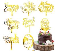 8 Pcs Happy Easter Cake Topper Cake Decoration, Acrylic Gold Bunny Egg Cupcake Topper Picks for Spring Easter Party Cake Desserts Decor Supplies
