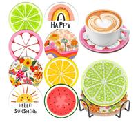 8 Pcs Hello Summer Diamond Painting Coasters Diamond Art Coasters with Holder, DIY Sunflower Fruit Sunshine Rainbow Diamond Painting Kits for Adults Kids Beginners, Diamond Art Crafts Kits Coasters
