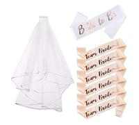8 Pcs Hen Party Sash Veil Set Team Bride Hen Do Accessoires Dekoration 1 White Hen Party Veil, 1 White Bride to be Sash and 6 Team Bride Sashes in Rose Gold Font