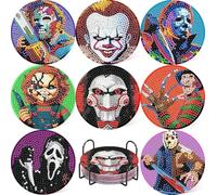 8 Pcs Horror Diamond Art Painting Coasters Kits,Halloween Coaster with Holder for Adults, Non-Slip DIY Dot Paint Craft Kits,5D Full Drill DIY Diamond Dot Gem Art Kit Home Decor Arts Craft