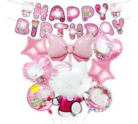 8 Pcs Kity Birthday Decorations, Cat Birthday Foil Balloons with Banner, Party Decorations for Girls Kids