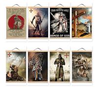 8 PCS Knights Templar Tapestry Wall Hanging Flag Banner Vintage Room Office Wall Art Decoration Christ Crusades Armor Warrior Posters Canvas Art Print Scroll Painting (40X60 CM)