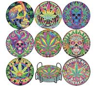 8 Pcs Leaf Diamond Art Painting Coasters Kits,Coaster with Holder for Adults, Non-Slip DIY Dot Paint Craft Kits,5D Full Drill DIY Diamond Dot Gem Art Kit Home Decor Arts Craft