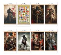 8 PCS Masonic Knights Templar Tapestry Scroll Painting Wall Art Hanging Banner Vintage Solid Wood Axis Decorative Mural Home Decor Crusader Warrior Wall Art Poster (30X45 CM)