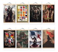 8 PCS Masonic Knights Templar Tapestry Scroll Posters and Prints with Solid Wood Axis Vintage Crusader Warrior Wall Hanging Painting For Wall Room Offices Home (30X45 CM)