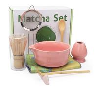 8 Pcs Matcha Set, Traditional Pink Matcha Kit with Matcha Whisk, Whisk Holder, Bowl, Scoop, Scoop Rest, Powder Sifter, Tea Spoon and Cloth Complete Bamboo & Ceramic Matcha Tea Set for Matcha Lovers