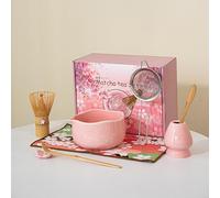 8 Pcs Matcha Whisk Set, Handcrafted Bamboo Whisk & Ceramic Bowl with Cherry Blossom Carved Patterns, Complete Matcha Making Kit for Home Tea Ceremony (Pink)