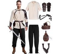 8 Pcs Men's Renaissance Costume Halloween Medieval Pirate Shirt Pant Viking Costume Accessories Set, Classic Color, M