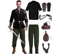 8 Pcs Men's Renaissance Costume Halloween Medieval Pirate Shirt Pant Viking Costume Accessories Set, Elegant Color, L