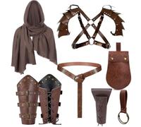 8 Pcs Mens Renaissance Costume Medieval Pirate Shawl Belt Pouch Shoulder Armor Arm Bracers Belt Sword Bag Cosplay Accessory, Brown, One size