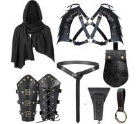 8 Pcs Mens Renaissance Costume Medieval Pirate Shawl Belt Pouch Shoulder Armor Arm Bracers Belt Sword Bag Cosplay Accessory, Black, One size