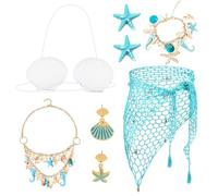 8 Pcs Mermaid Accessories Women, Crochet Shell Skirt Seashell Top Starfish Jewelry Earrings Necklace Bracelet Hair Clips, Summer Beach Hawaii-Style, for Halloween Cosplay Beach Party Pool Party Blue