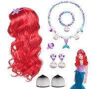 8 Pcs Mermaid Wigs Costume for Adult Kids, Angels Princess Red Long Curly Wig Hair, World Book Day Fancy Dress with 2 Hairnet Necklaces Bracelet Earrings Ring for Birthday Party Cosplay