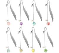 8 Pcs Metal Feather Bookmarks Silver Feather, Vintage Creative Bookmarks with Leaf Eternal Dry Flower Pearl Pendant, Book Mark Gift for Women, Children, Readers, Teachers, Students