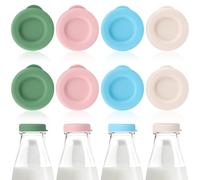 8 Pcs Milk Bottle Tops, 48mm Diameter Reusable Silicone Milk Bottle Tops in 4 Colors, Leakproof Glass Milks Bottles Caps, Silicone Bottle Lids for Stanpac & Libbey Glass Bottles