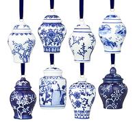 8 Pcs Mini Ginger Jar Ornaments - Chinoiserie Porcelain Hanging Ornaments - Ceramic Christmas Ornaments - Blue and White Christmas Tree Decorations - Hanging Pendant (Vintage Style)
