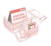 8 Pcs Mixed Extendable Clear Drawer Organizer, All Adjustable Vanity Storage Box, 2-Size Desk Drawer Organizer, Acrylic Storage Bins for Makeup, Bedroom Dressers Tool Organizer for Gadgets, Pink