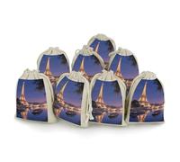 8 PCS Night View of The Eiffel Tower in Paris Drawstring Gift Bags Cotton Linen Party Favors Bags Reusable Burlap Bags for Decorated Event Holiday Party Favors, Wedding Favors