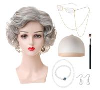 8 pcs old Lady Short Curly Grey Wig Cap Pearl Necklace Earring Glasses with Accessories Kit Halloween Costumes Adult Women for Halloween Cosplay World Book Day Masquerade Carnival