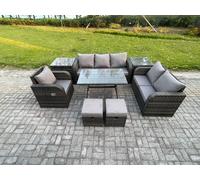 8 PCS Outdoor Lounge Sofa Set Wicker PE Rattan Garden Furniture Set with Rectangular Dining Table Armchair 2 Small Footstools Fimous Dark Grey One Size