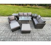 8 PCS Outdoor Lounge Sofa Set Wicker PE Rattan Garden Furniture Set with Rectangular Dining Table Armchair 2 Big Footstool 2 Side Tables Fimous Dark Grey One Size