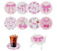 8 Pcs Pink Bow Diamond Art Coasters Kit, Diamond Painting Coasters with Holder, Non-Slip DIY Mosaic Kits for Adults Beginners, 5D Round Full Drill Gem Art Kit Home Decor Craft Supplies Gifts