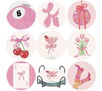 8 Pcs Pink Diamond Art Painting Coasters Kits,Disco Coaster with Holder for Adults, Non-Slip DIY Dot Paint Craft Kits,5D Full Drill DIY Diamond Dot Gem Art Kit Home Decor Arts Craft