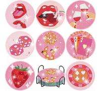 8 Pcs Pink Vintage DIY Diamond Painting Coasters Set with Holder & Cork Pads - 5D Full Drill Diamond Art Coasters, Non-Slip Table Coasters for Home Kitchen Decoration, Adults Beginners Craft Projects