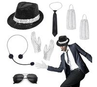8 Pcs Pop Star Costume, 80s Dancer Rocker Star Cosplay Fancy Dress Accessories with Jazz Sequin Hat Glove Sock Tie Sunglasses Head Microphone, King of Pop for Adults Carnival 80 Theme Party Halloween